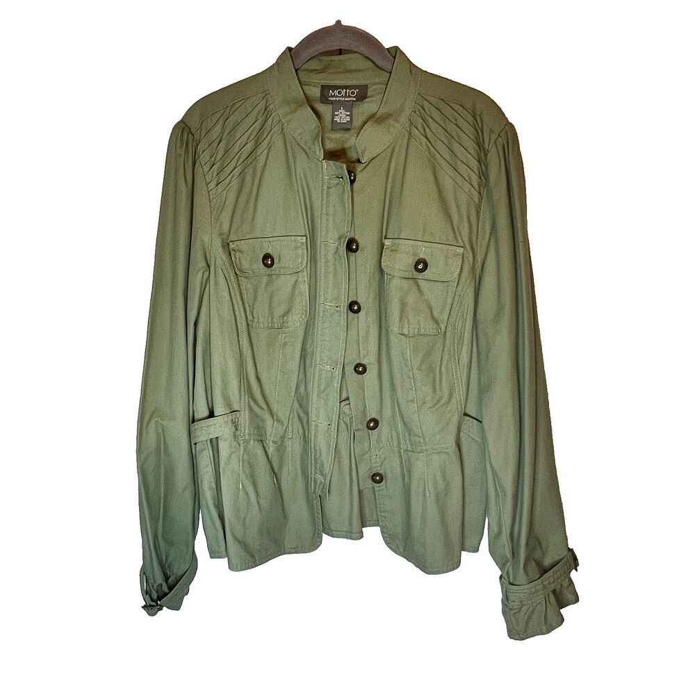 Military Style Jacket Motto Your Style Mantra Women’s Green  Sz L Metal Buttons
